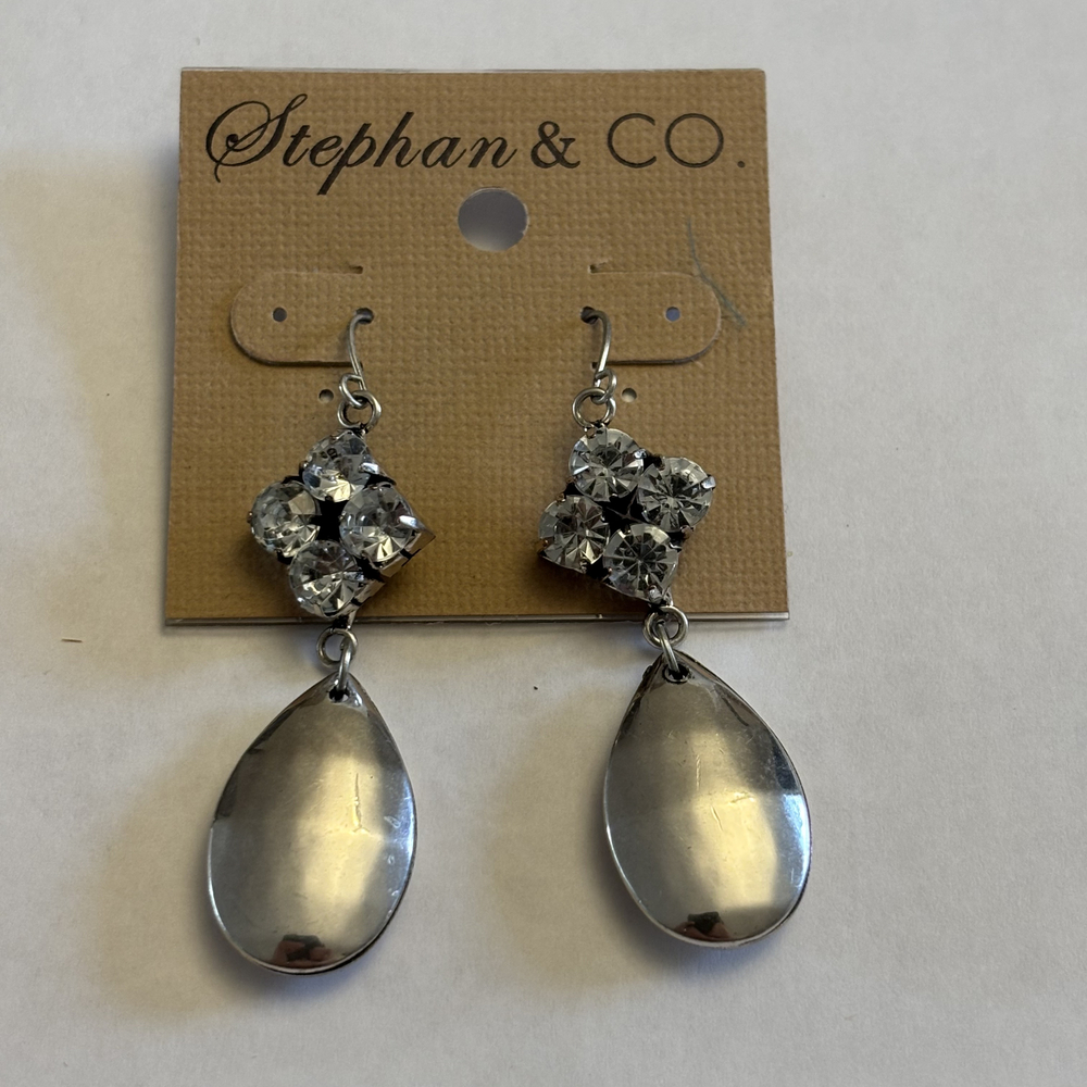 Stephan & Co. Rhinestone Cluster Smooth Silver Teardrop Drop Earrings NWT